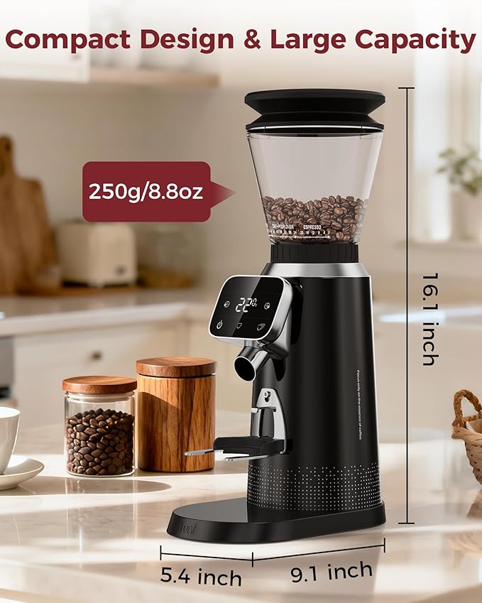 Tuni G2 Conical Burr Coffee Grinder with 70 Precise Grind Settings, Black | Espresso Grinder with Anti-Static Design, Adjustable Electronic Timer & LED Touchscreen, For Drip Cold Brew French Press