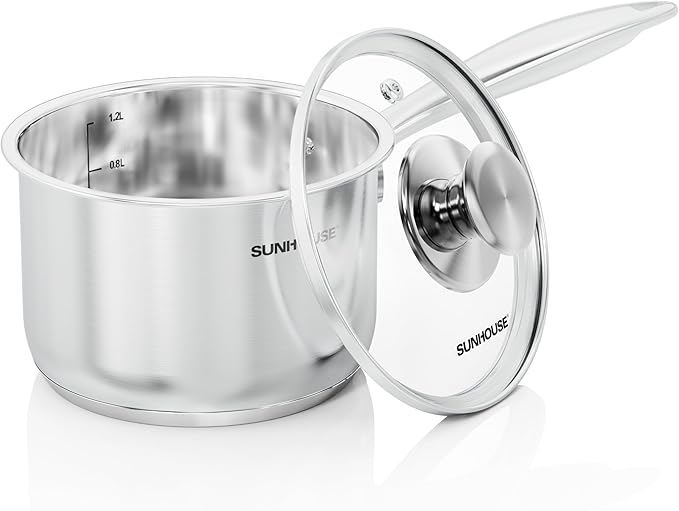 SUNHOUSE 1.5 QT Stainless Steel Saucepan with Lid, 3-Ply Small Sauce Pot | 18/10 Stainless Steel Pot For Cooking - Induction Compatible Milk Pan - PFOA Free, Oven & Dishwasher Safe Sauce Pan