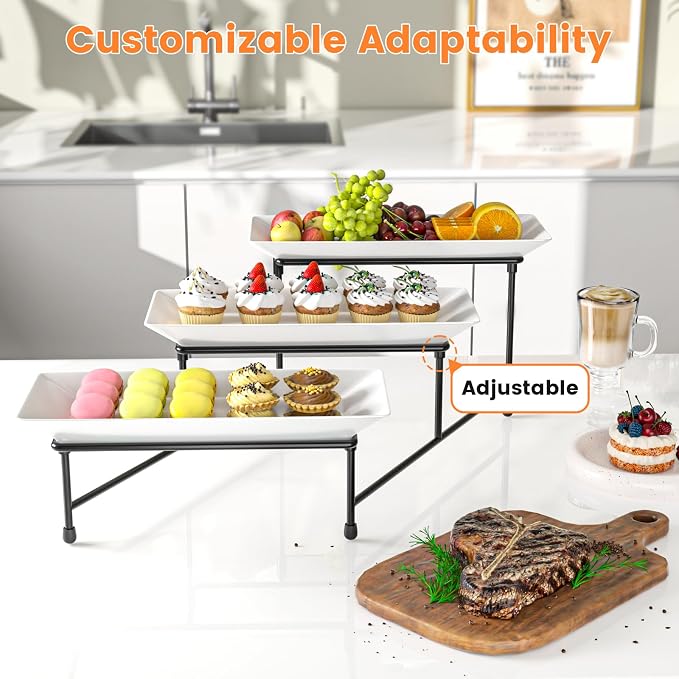 3 Tier Serving Tray, 12'' Collapsible BPA Free Dessert Stand, Black | 3-Tier Serving Platter. BPA-Free, Shatterproof. Steel Frame, Collapsible. Ideal For Parties, Weddings, BBQ & Holiday Events.