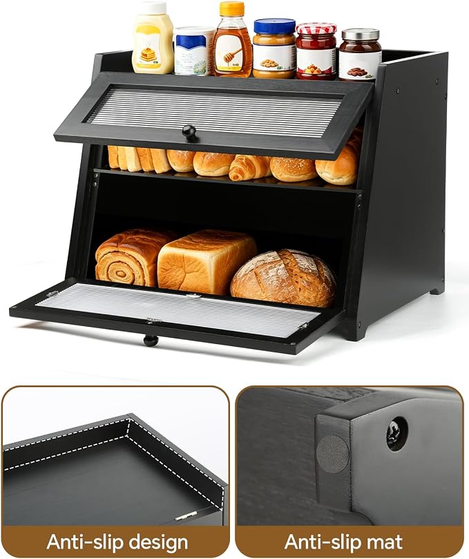 Bread Box for Kitchen Countertop,Double Layer Bread Storage,Black | Wooden Bread Storage Container for Homemade Bread,Counter Organizers and Storage for Fruits,Spices,Bread