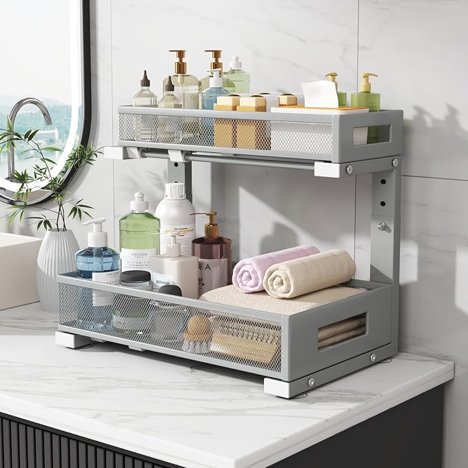 2-Pack Under Sink Storage Organizer, Large 2-Tier Elegant Mesh Pull Out Shelf for Kitchen and Bathroom Cabinet Organization, L-Shaped and Adjustable Height Design-Gun Gray