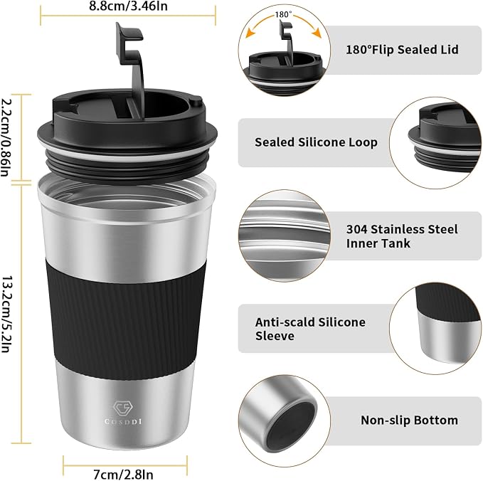 CS COSDDI 12 oz Coffee mug - Stainless Steel Coffee Cup with Leakproof Lid | Stainless Steel Double-wall insulation, 6-Hour Heat Retention, 360°Leak proof, BPA-free, Reusable And To Go Coffee Mug
