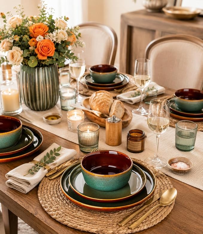 GBHOME Dinnerware Sets for 8, 24 Pieces Ceramic Plates and Bowls Set | Scratch Resistant Stoneware Dishes Set, Dishwasher & Microwave Safe, Reactive Glaze-Brown Green
