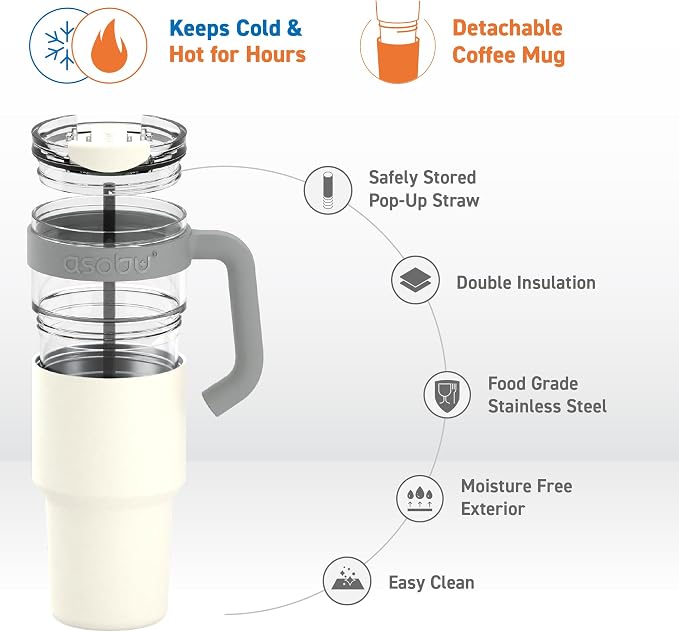 asobu Extra Large Travel Explorer Tumbler for Hot and Cold with Stainless Steel Removable Coffee Mug Sleeve - Straw and Flip Open Sip Spout, 34 oz / 25 oz (White)