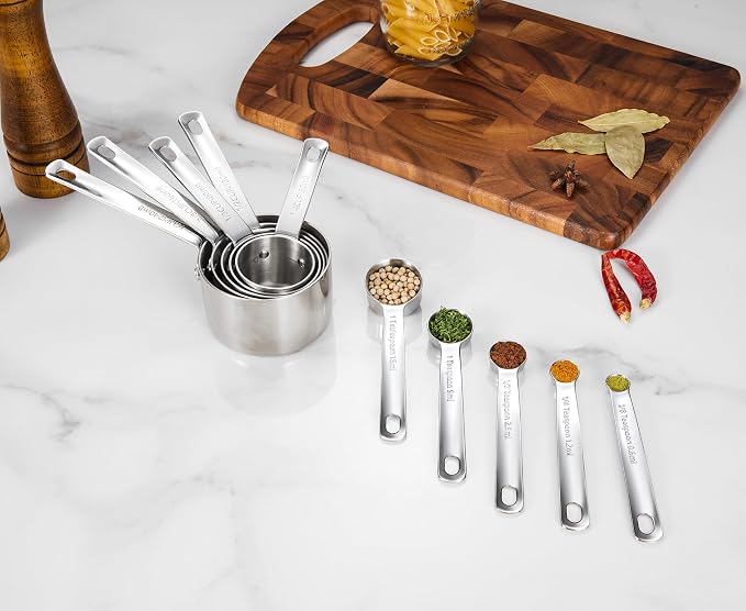 Premium 18/10 Measuring Set (Silver, Measuring Cups & Spoons) | 18/10 Stainless Steel; 10-Piece Nesting Set; Stackable; Upscale; Dishwasher Safe; Ideal for Baking and Cooking.