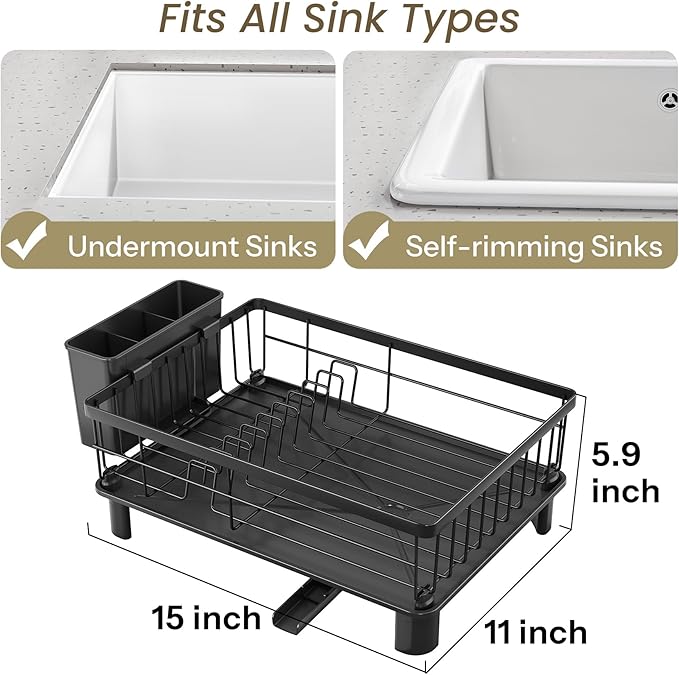 SNTD Dish Drying Rack for Small Kitchen Counter, 11" W x 15" L, Black | Space Saving, Rotating Spout & Angled Drainboard for Quick Drainage, Stainless Steel, Removable Utensil Holder