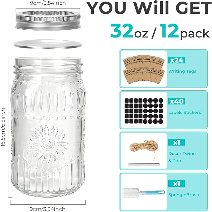CycleMore Mason Jars 32oz, 12Pack Glass Canning Jars with Airtight Lids | BPA Free, Wide Mouth Jars, 1 Quart Canning Jars With Sunflower Print for forJam Making, Pantry Organization & Party Decor