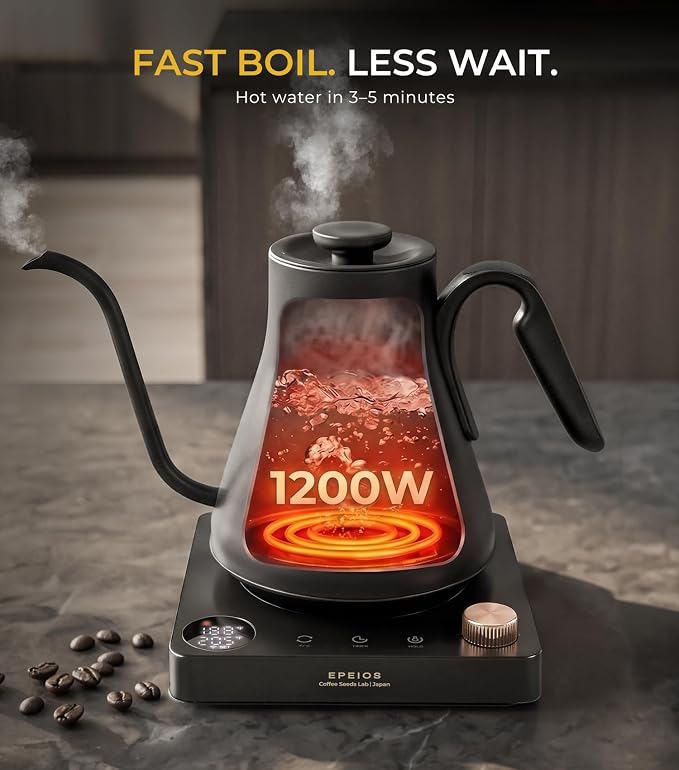Epeios Gooseneck Electric Kettle 1°F Temperature Control,1200W,0.9L,Blue | Rapid Heating, for Pour Over Coffee & Tea,Hot water Boiler,Brew Timer, 304 Stainless Steel Interior, Auto Shut-Off