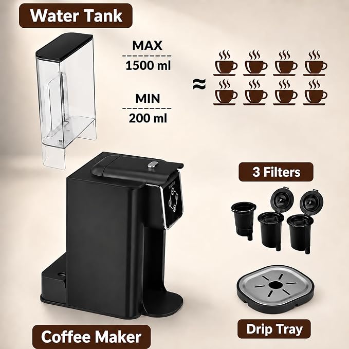 Mecity Coffee Maker 3 in 1 Single Serve Coffee Machine, Compatible with K cup Capsules, Instant Coffee Pot, Tea maker, 6,8,10 Oz Cup, Removable 50 Oz Water Reservoir, 120V 1150W, Dark Grey