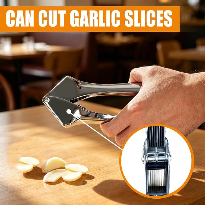 2-in-1 Garlic Press and Slicer – No Peel Garlic Mincer, Rust-Proof Garlic Crusher, Easy Clean Kitchen Gadget for Garlic, Ginger, Nuts
