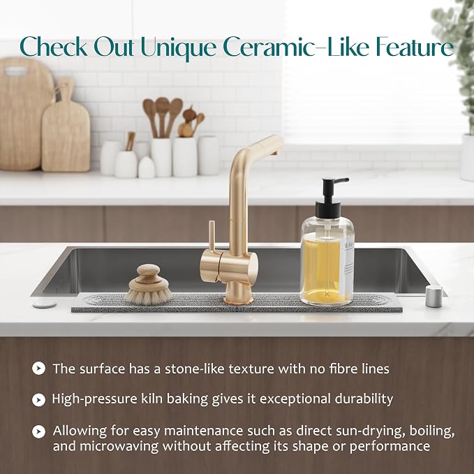 Stone Kitchen Sink Faucet Mat, Premium Upgraded Food Grade Diatomite Drying Stone Tray & Splash Guard, Fast Drying Sink Protector for Kitchen Counter, Dishwasher Safe (23.6" x 3.9")