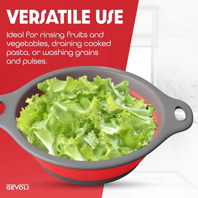 Strainer with Self-Draining Base (5QT) Over-Sink Collapsible Kitchen Colander Set with Side-drain Base for Pasta Vegetables and Fruit, XL Large Capacity, Dishwasher Safe (5-Quart) Red/Gray