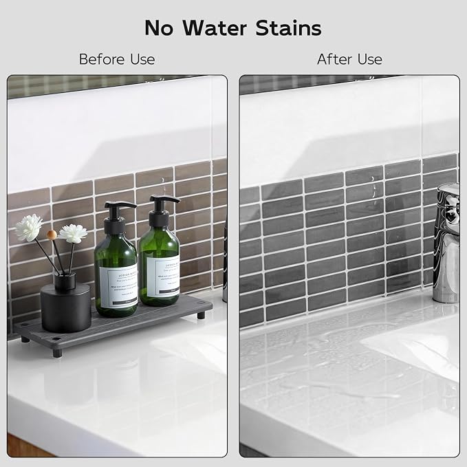 Water Absorbing Stone Sink Tray, 11.8" Diatomite Tray for Kitchen Bathroom Vanity, Fast Drying Stone Drying Caddy for Soap Dispenser, Sponge Holder with Wavy Groove Design