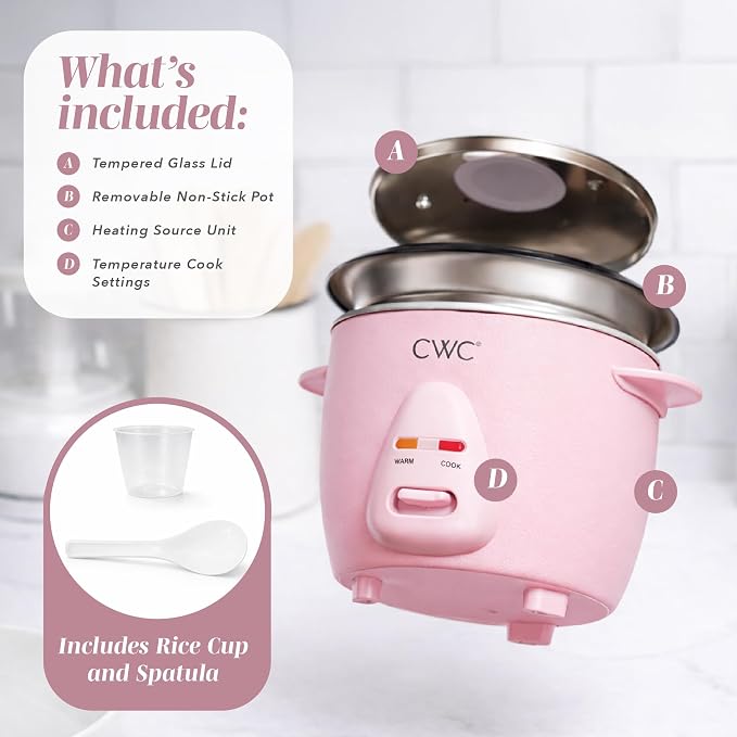 COOK WITH COLOR 6 Cup Rice Cooker 300W - Effortless Cooking and Perfectly, Cooks 3 Cups of Raw Rice for 6 Cups of Cooked Rice, Pink