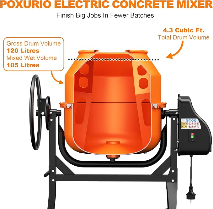 120L Electric Cement Mixer, 4.3 Cubic Ft. 450W 3/5HP Portable Concrete Mixer Machine with Stand And Wheels for Stucco, Mortar, Seeds, Orange-2026 Upgraded