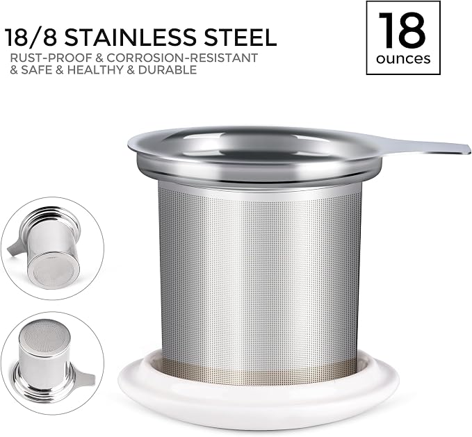 GBhome Tea Mug with Infuser and Lid,18 Ounce Ceramic Loose Leaf Cup Steeper | Lead-Free Glaze For Tea Lovers,Microwave & Dishwasher Safe with Tea Strainer