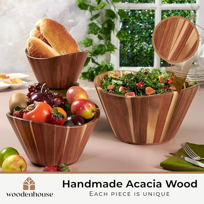 Wooden Salad Bowl Set of 3, Wavy Wood Bowls for Serving | Large, Medium & Small – Handmade, Durable & Stylish Natural Dining Accessory