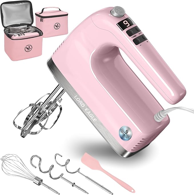 Lord Eagle 9-Speed Digital Hand Mixer Electric Handheld, 500W DC Motor | Kitchen Mixer for Cake Baking, Lightweight Egg Beaters with Stain-resistant & Waterproof Storage Bag & 6 Accessories, Pink