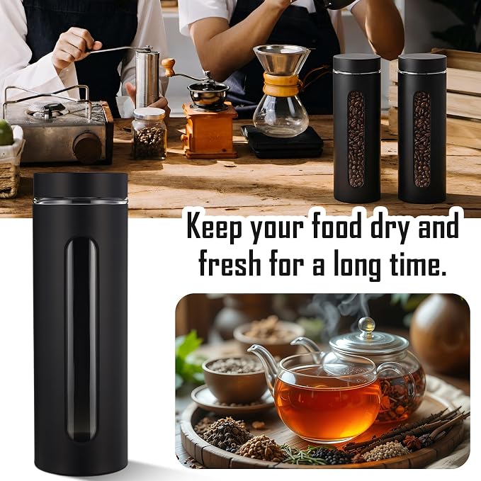 Patelai 6 Pack Kitchen Canisters Set Airtight Stainless Steel Canister Food Storage Container with Window Glass, Coffee Sugar Candy Jars Tea Organizer for Flour Cookies Spice (Black,60 oz)