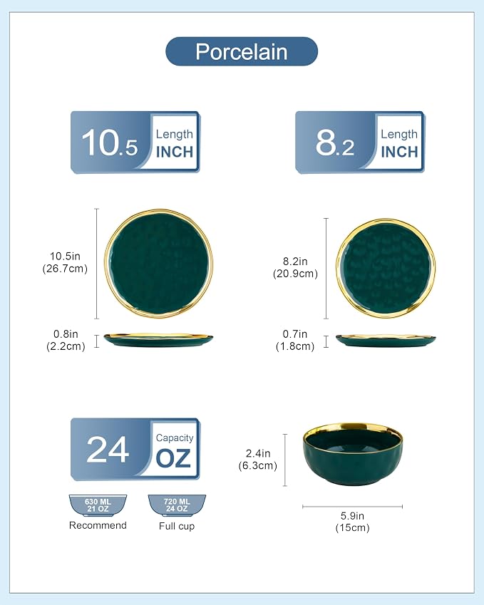 LOVECASA 12 Pieces Plates and Bowls Sets, Porcelain Green and Gold Dinnerware Sets, Round Dinner Plates Dishes Set Service for 4, Dishwasher Safe and Scratch Resistant, Green