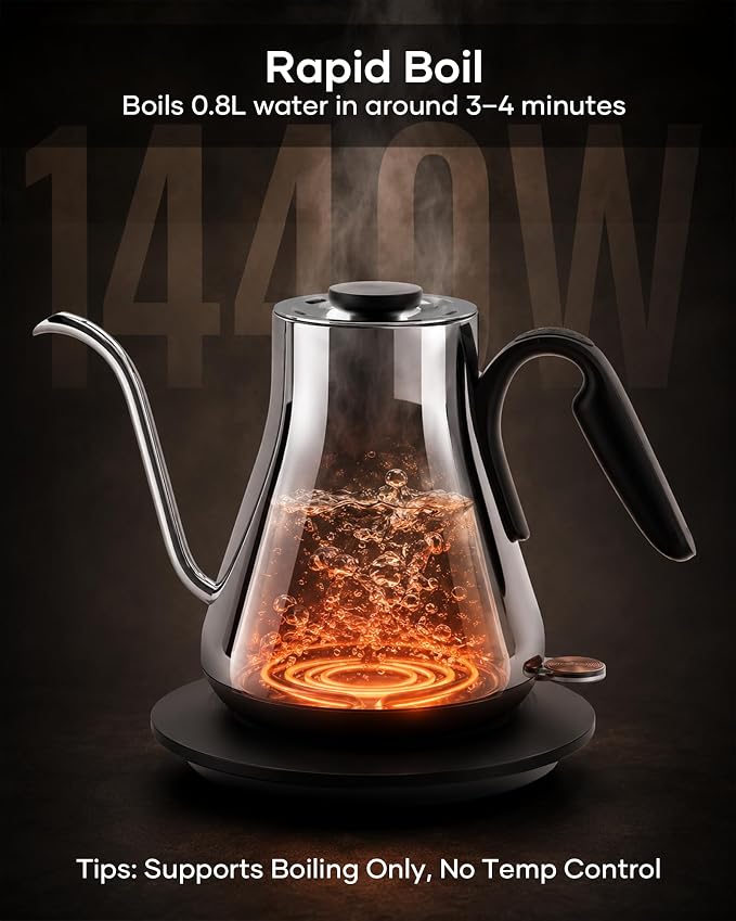 Cocinare Gooseneck Electric Kettle 0.8L, Fast Boil Pour Over Coffee, Tea | 1440W Fast Boil, 304 Stainless Steel Interior, Gooseneck Precision Spout, Auto Shut-Off & Boil-Dry Protection, Moholy Silver