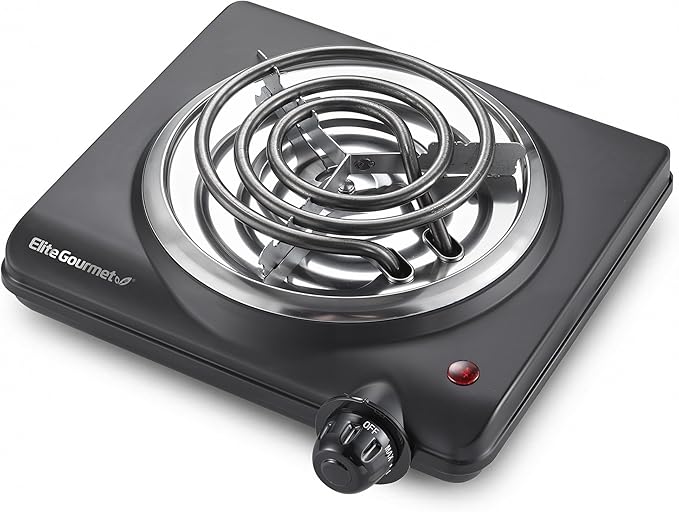 Elite Gourmet ESB100B Single Coiled Burner Hot Plate, Countertop, Black | Adjustable temperature control with indicator light, easy-to-clean design for quick, reliable electric cooking