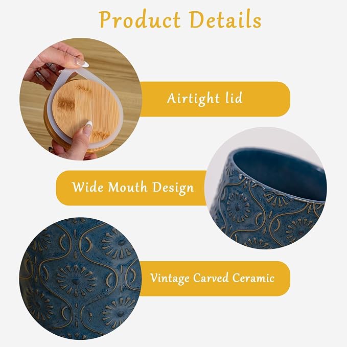 TEATALK Embossed Ceramic Canister, Stylish Airtight Storage for Kitchen, Coffee, Tea, Sugar, 23 Fl Oz, Darkblue