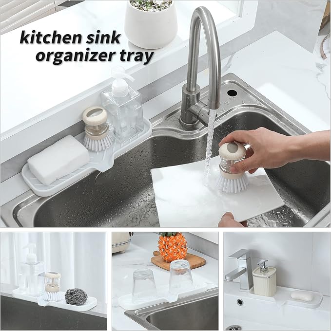 MicoYang Silicone Soap Dish with Drain Spout — Self-Draining Double Sink Organizer Tray for Kitchen & Bathroom, Dispensers, Sponges & Soap Holder, Non-Slip & Dishwasher Safe, White (Large, 12"×4")