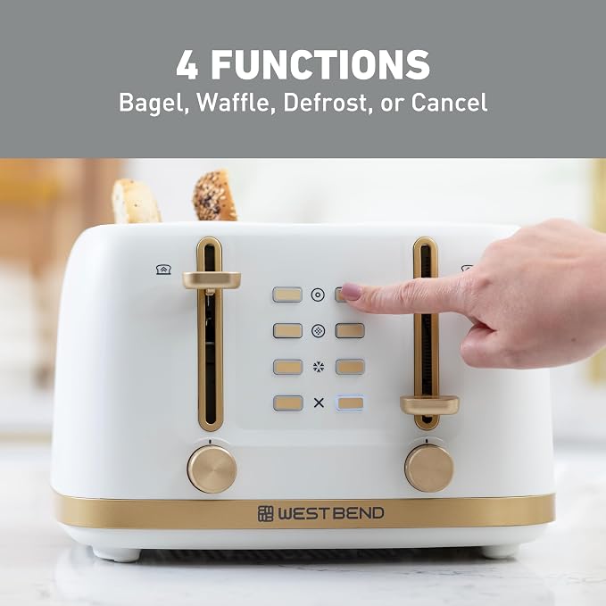 West Bend Timeless 4-Slice Toaster, Stainless Steel, in White Gold | West Bend Timeless 4-Slice Toaster, Bagel, Waffle, Defrost, High-Lift Lever, Stainless Steel, in White Gold