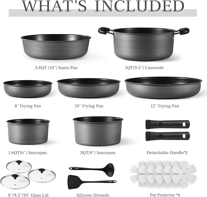 CAROTE 20pcs 4-Ply Premium Hard Anodized Pots and Pans Set Non Stick with Detachable Handle, Dishwasher/Oven Safe, RV Kitchen Cookware Set Nonstick, Induction Cookware, Large Capacity Pans and Pot Set