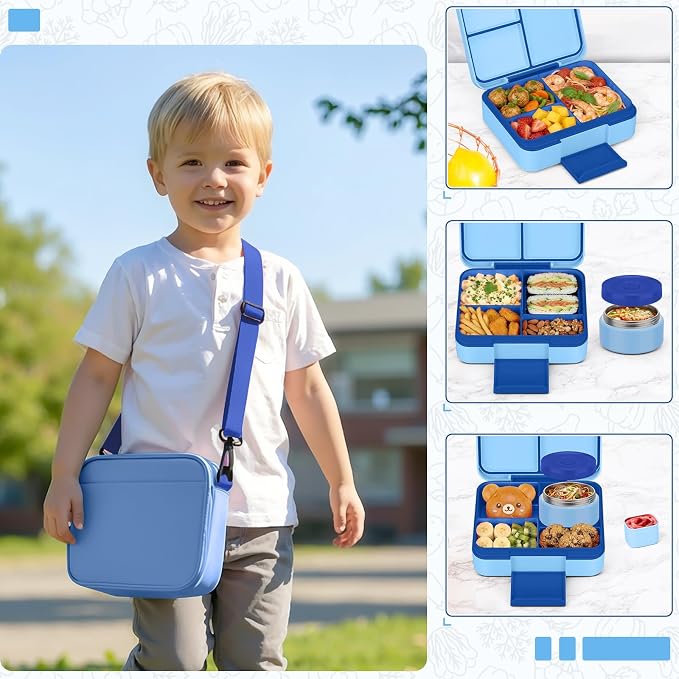 WyfKyd Bento Lunch Box Set with Soup Thermo Food Container for Kids Adults | Bento Box Set with 9.5oz Soup Thermo Kids Leak-proof Lunch Box Container with Insulated Hot Food Jar and Bag for School Blue