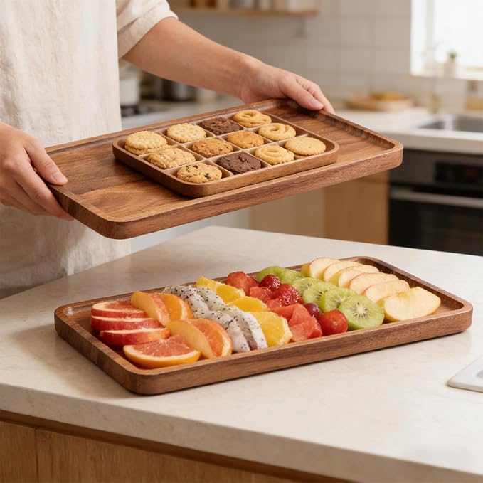VERTORGAN 2 Pack Acacia Wood Serving Tray,13.8x7.9 Inch Trays,Home Decor | Coffee Table Tray,Living Room Decor,Bar Serving Platter,Party Tray,Charcuterie Board,Cheese Platter, Decorative Wood Tray