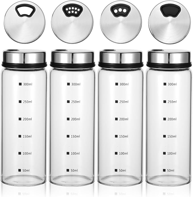 4Pcs Salt Pepper Shakers with Adjustable Outlet Holes, 10 oz Clear Glass Shaker Bottles, Salt Shakers for Kitchen, Spice Seasoning Cans for Kitchen Decor Home Restaurant BBQ Camping