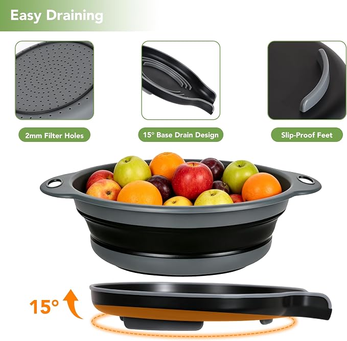 3-Pack Collapsible Colander for Kitchen with Self-Draining Base Foldable Strainers Set Round Silicone Food Drainer for Pasta Fruits and Vegetables (3QT, 4QT and 5QT), Black