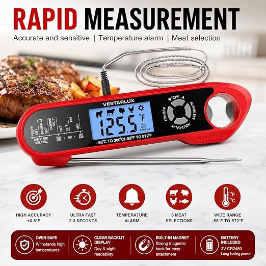 Dual Probes Digital Instant Read Meat Thermometer Waterproof Kitchen Food Cooking Thermometer Backlight, Alarm, °F/°C for BBQ Grill Smoker Steak Turkey Frying Baking Oven Water Oil