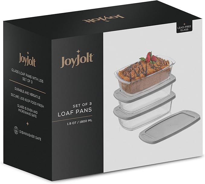 JoyJolt Glass Loaf Pan Set with Lid, Rectangular, 1.9 Quart, Deep, Meatloaf & Banana Bread Loaf Pans