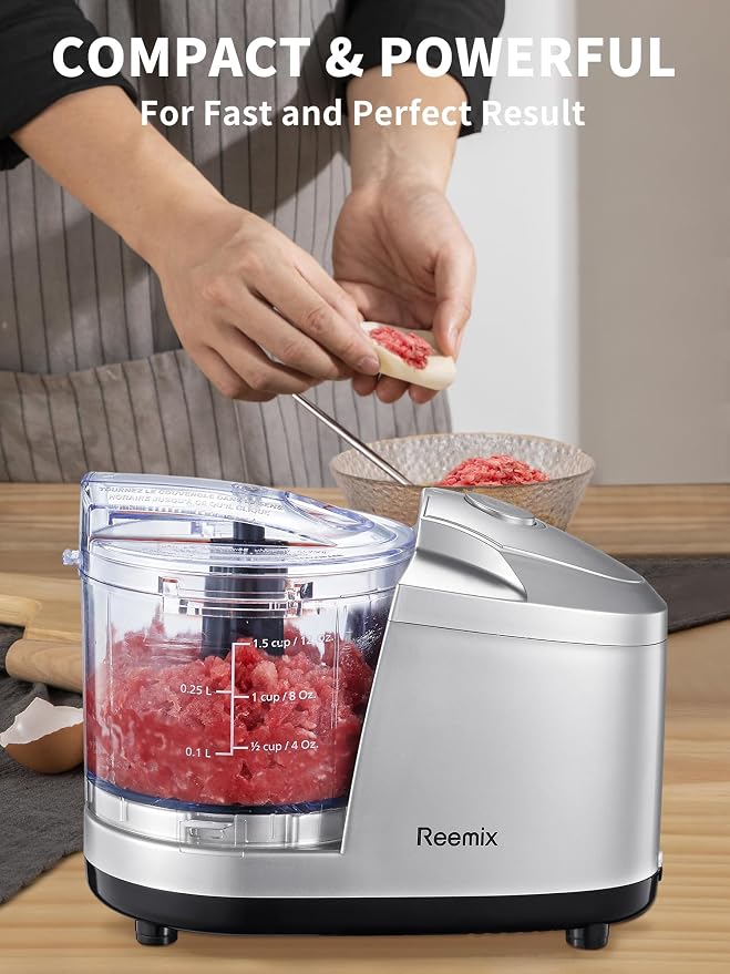 Reemix 1.5-Cup Electric Food Chopper, 100W Mini Food Processor Meat Grinder | One-Touch, Mix, Chop, Mince and Blend Vegetables, Fruits, Nuts, Meats, Stainless Steel Blade (Silver)