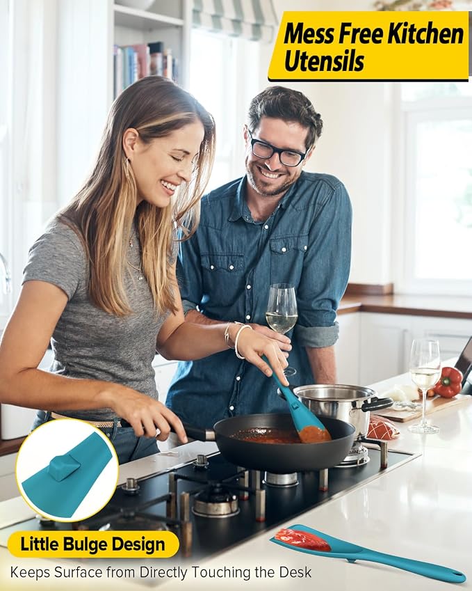 Pack of 2 Cooking Spoons for Non Stick Cookware, Multifunction Spatula Spoon BPA-Free, One-Piece Design, Suitable for Scooping, Scraping, Serving and Mixing (BLUE-BLUE)