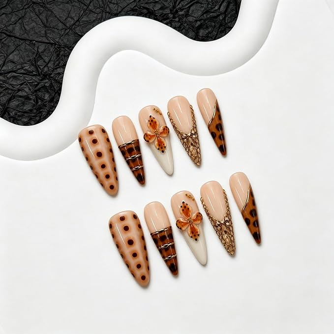 Long Stiletto Press on Nails Handmade Leopard Print Fake Nails with Luxury 3D Flower & Gold Rhinestone Design Full Cover Hand Made Thick Acrylic Stick on False Nails for Women 10Pcs (S)