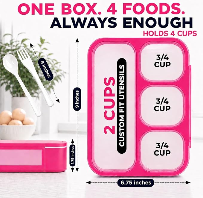 kinsho Bento Lunch Box Kids & Adults. Meal and Snack Containers for Boys, Girls for School Work Travel, 4 Sealed Divided Compartments, BPA Free, Utensils (Rose Pink, 1 Pack)