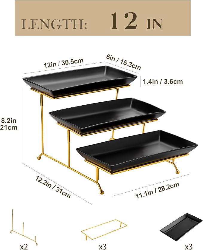 MALACASA 3 Tier Serving Trays for Party, 12 Inch Porcelain Black Trays for Serving Food, Dessert Stand with Collapsible Gold Metal Rack | Tiered Serving Stand for Party, Fruit Tray, Trays for Serving Food, Dessert Stand with Collapsible Sturdier Gold M...
