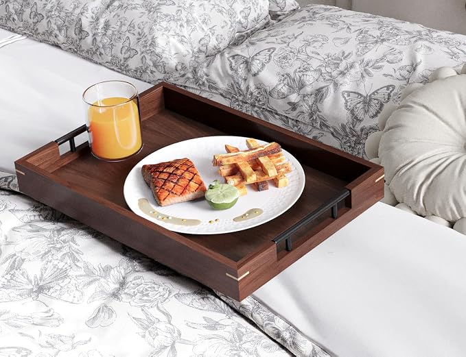 Fibogollo Set of 2 Walnut Wood Serving Trays with Metal Handles | Ottoman Decorative Trays Platter for Coffee Table,Living Room,Bar,Party,Holiday Hosting and Outdoor Entertaining