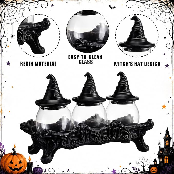 13'' Halloween Witchy Spice Jars Set 3 Pcs Large Gothic Vintage Apothecary Glass Jars with Witchy Hat Lids Home Kitchen Decoration Food Storage Container Herb Tea Salt Spice Pepper Display