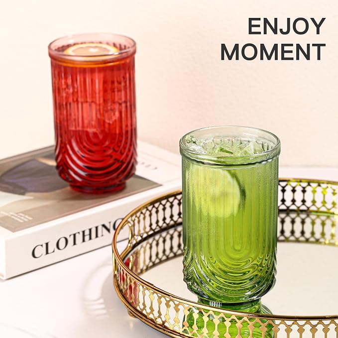JOVGANK Colored Vintage Glassware Set of 6-17Oz Colorful Water Drinking Glass, Art Deco Ripple Highball Glass, Whiskey Cocktail Glasses, for Bar Ice Coffee Juice, Housewarming Gift
