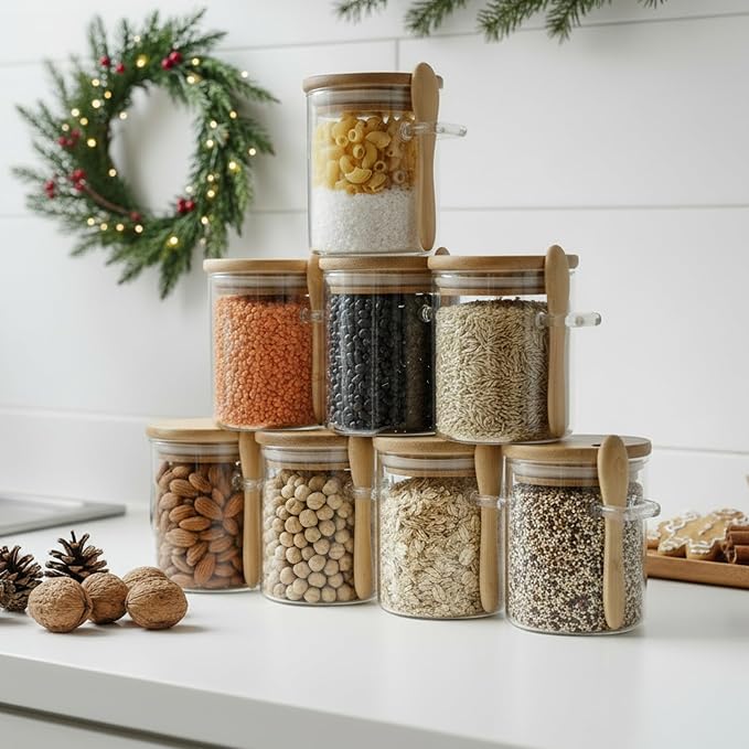 7.6 oz Airtight MiniGlass Jars Set of 8 with Bamboo Lids and Spoons | Spice Jars Small Food Storage Containers for Kitchen, Bathroom, Home Decor. One Can, One Bamboo Spoon, Reuse, Clean and Tidy