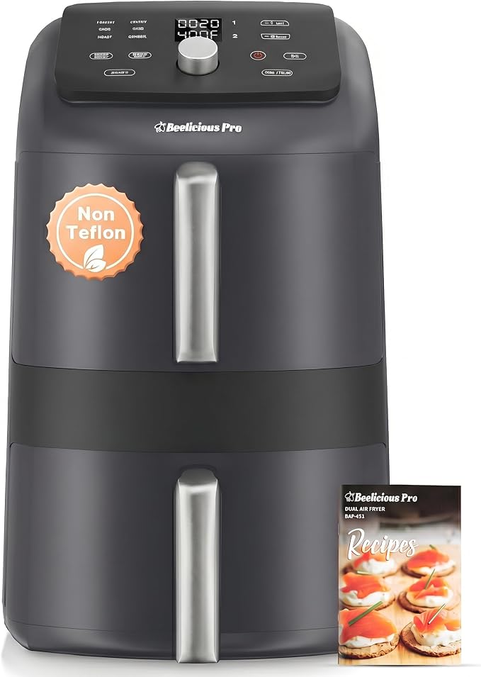 12QT Large Double Air Fryer, Family-Size Dual Airfryer with 2 Baskets, SyncHeat Even Heating, Stacked Compact Design, Smart Finish & Match Cook, PFAS-Free Nonstick, Dishwasher-Safe, Matte Black