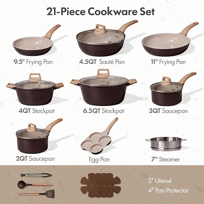 CAROTE 21pcs Ceramic Cookware Sets, Pots and Pans Set | Healthy Cooking Set, Non-Toxic Induction, Ultra Durable, Easy Clean, Induction Compatible, PFAS FREE