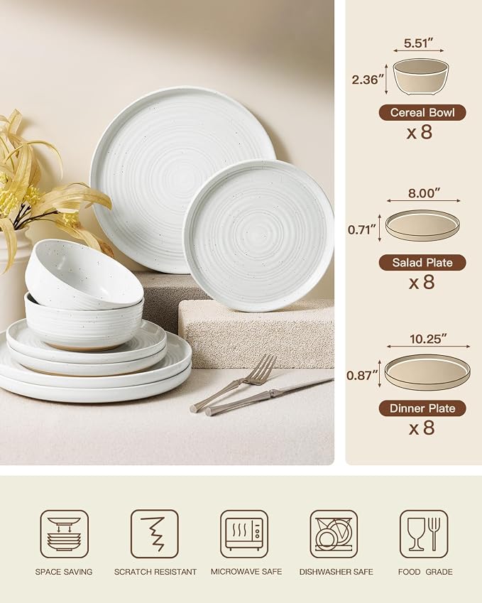 Stoneware Dinnerware Sets for 8, Plates and Bowls, White | 24-Piece Ceramic Speckled Spiral Dishes, Chip & Scratch Resistant, Microwave & Dishwasher Safe, Everyday Use, Farmhouse Style