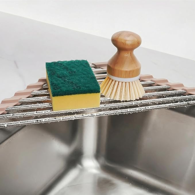 Tomorotec Triangle Roll Up Dish Drying Rack 304 Stainless Steel Beige | BPA-Free Food-Grade Silicone Edges Foldable Waterproof Rustproof Heavy-Duty Space Saver Heat Resistant to 550°F