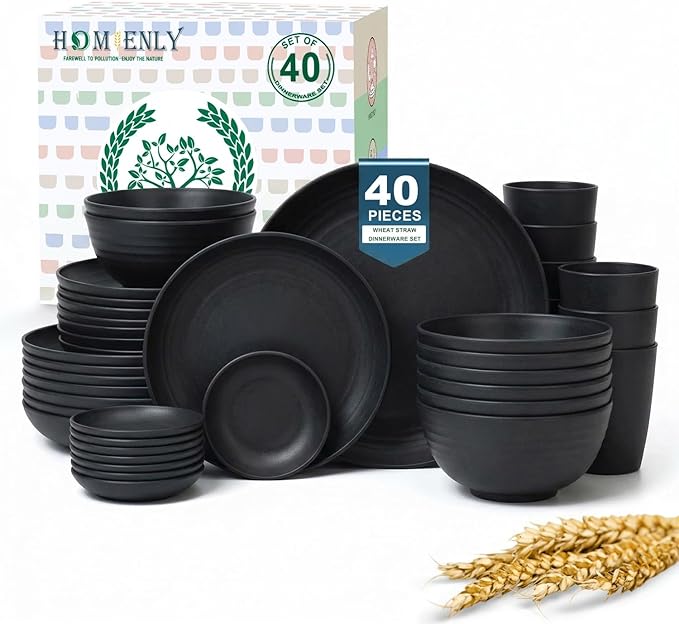 Plates and Bowls Sets, 40-Piece Modern Wheat Straw Dinnerware Sets for 8 Unbreakable Kitchen Dinner Set Microwave and Dishwasher Safe Dishes Set for Apartment, Party, Outdoor, RV (Black)
